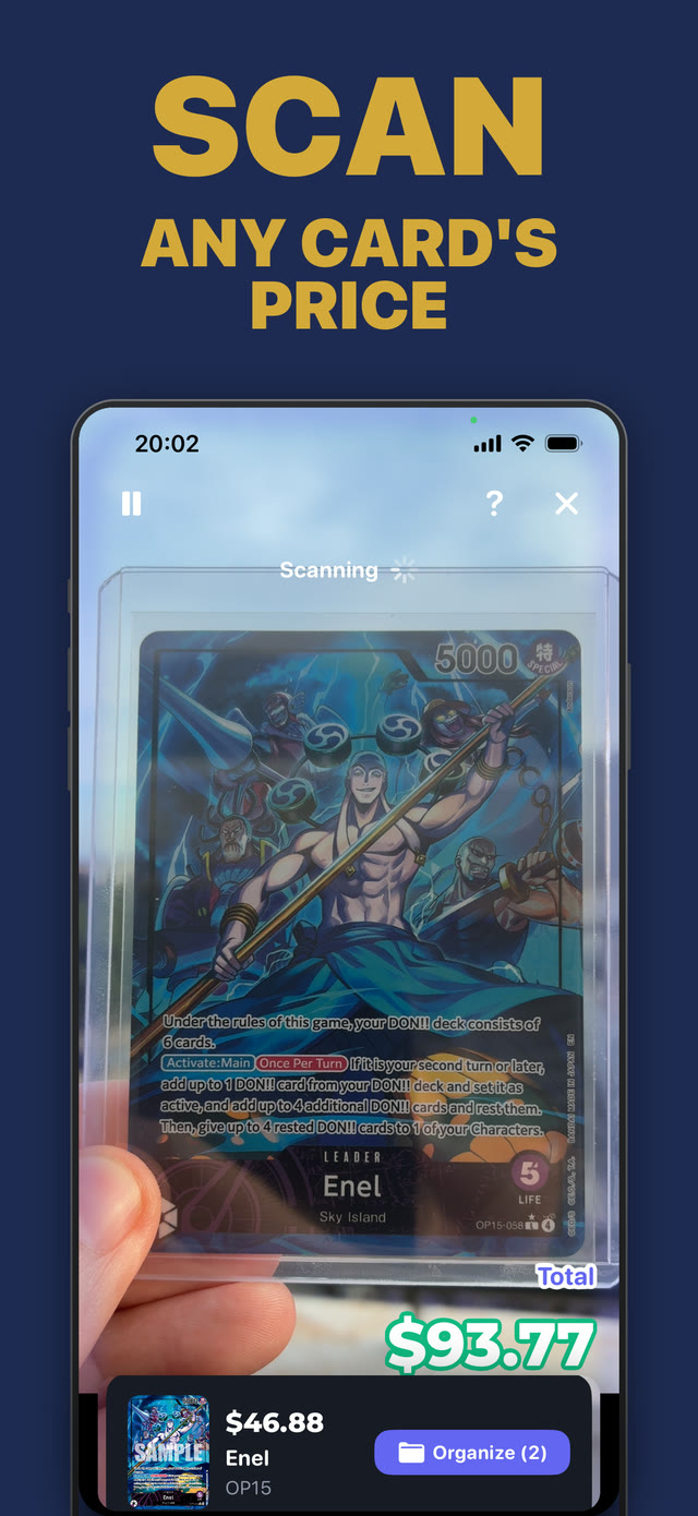 Mugi TCG app scanning a One Piece TCG card with the camera